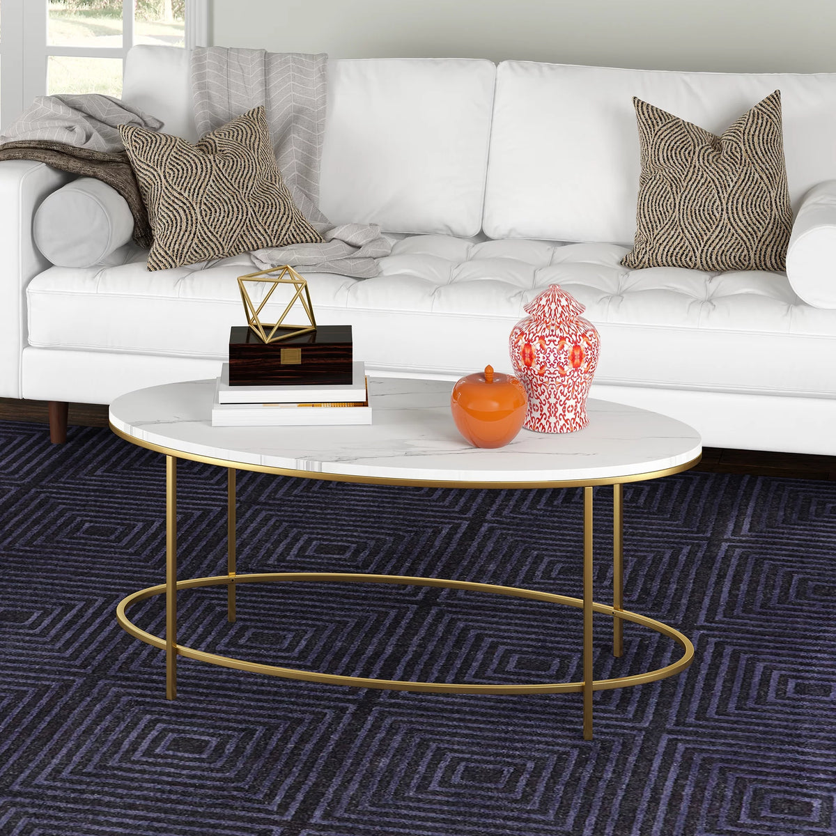 42" Wide Oval Coffee Table with Faux Marble Top H37309