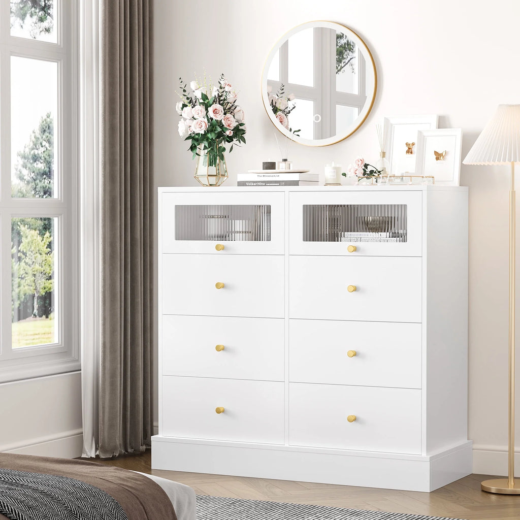 White 8 Drawer Wood Dresser with 2 Glass Doors H855716