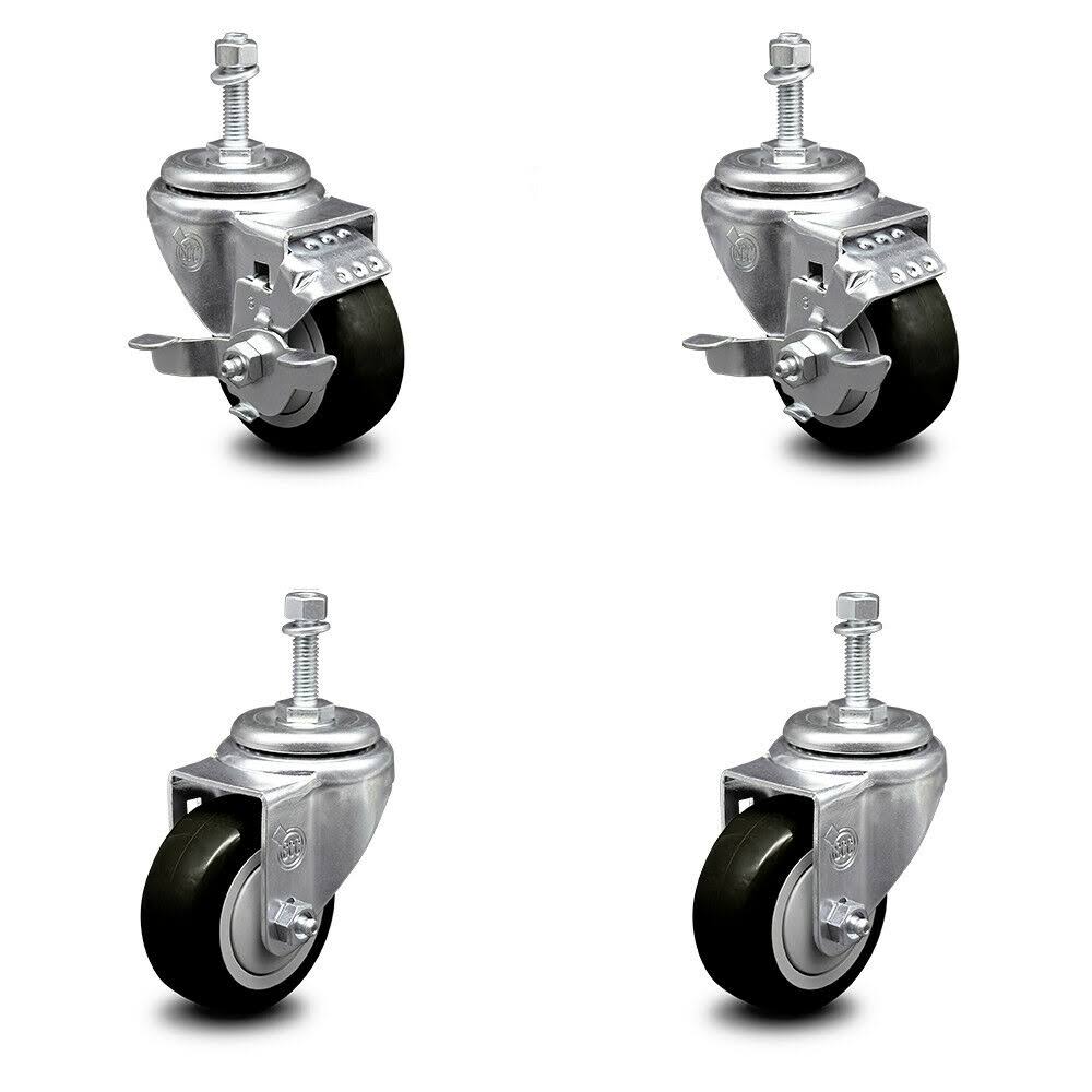 Set of 4 Black Polyurethane Swivel Threaded Stem Casters with 3 inch x 1.25 inch Wheels and 3/8 inch Stems J261