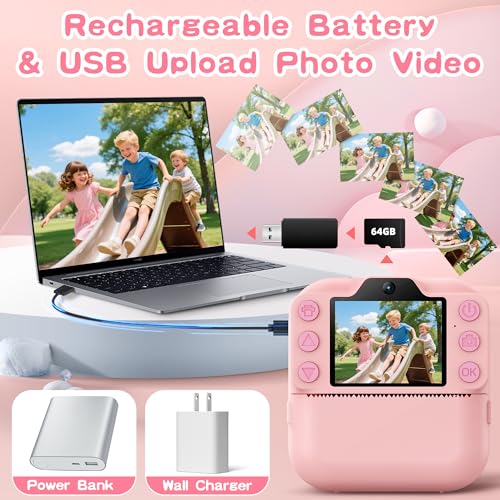 Instant Print Kids Camera 64GB SD Card Pink K363