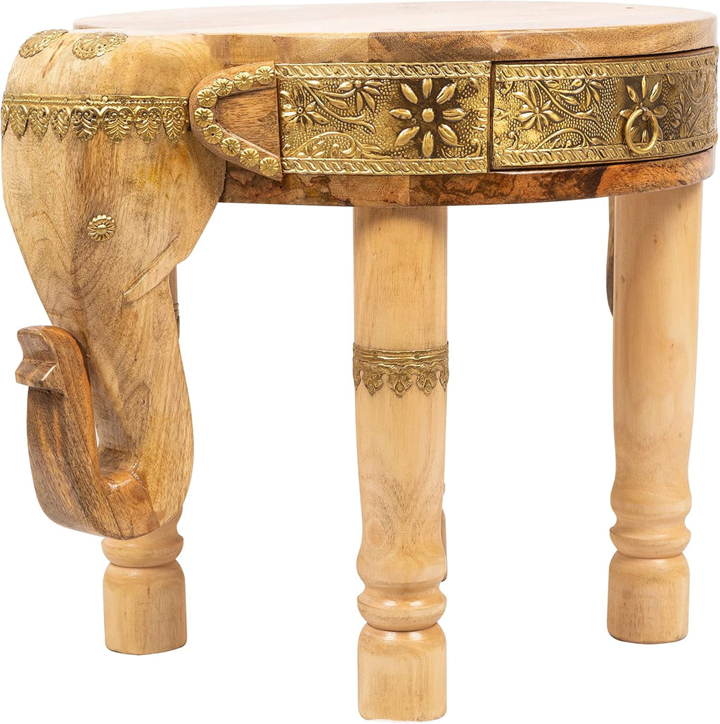 Hand Carved Wooden Elephant Side Table with Brass Accents Y5983