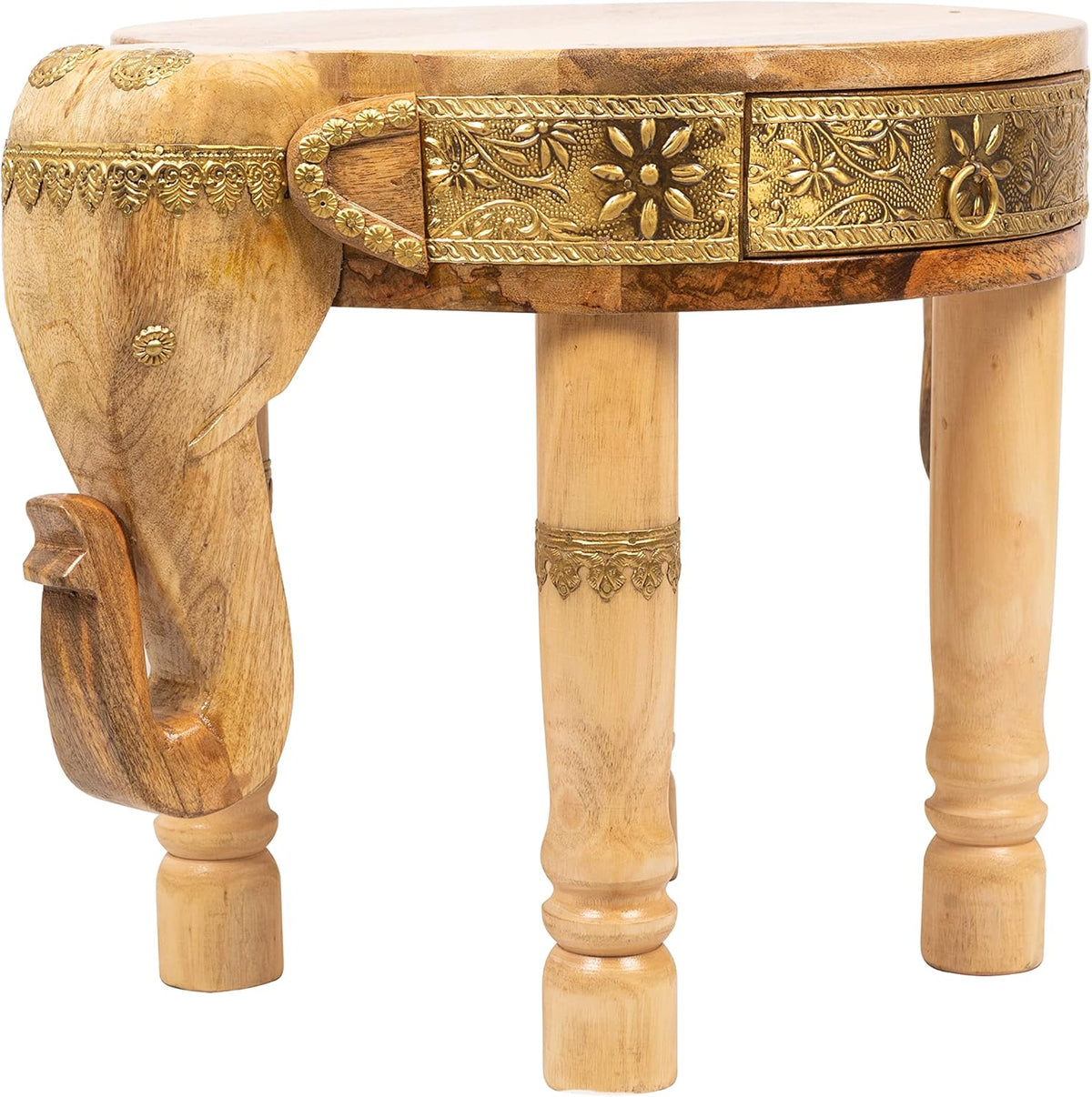 Hand Carved Wooden Elephant Side Table with Brass Accents Y5983