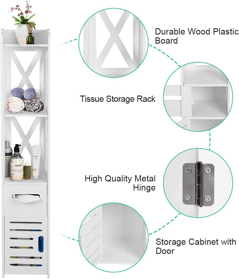 White Wooden Tall Narrow Corner Bathroom Storage Cabinet with Shutter Door and Open Shelf R50912