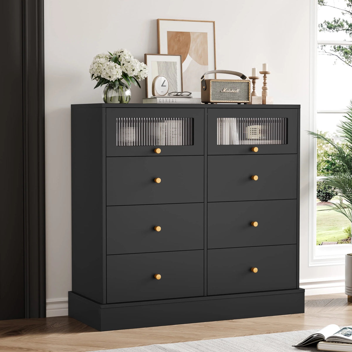 White 8 Drawer Wood Dresser with 2 Glass Doors H855716