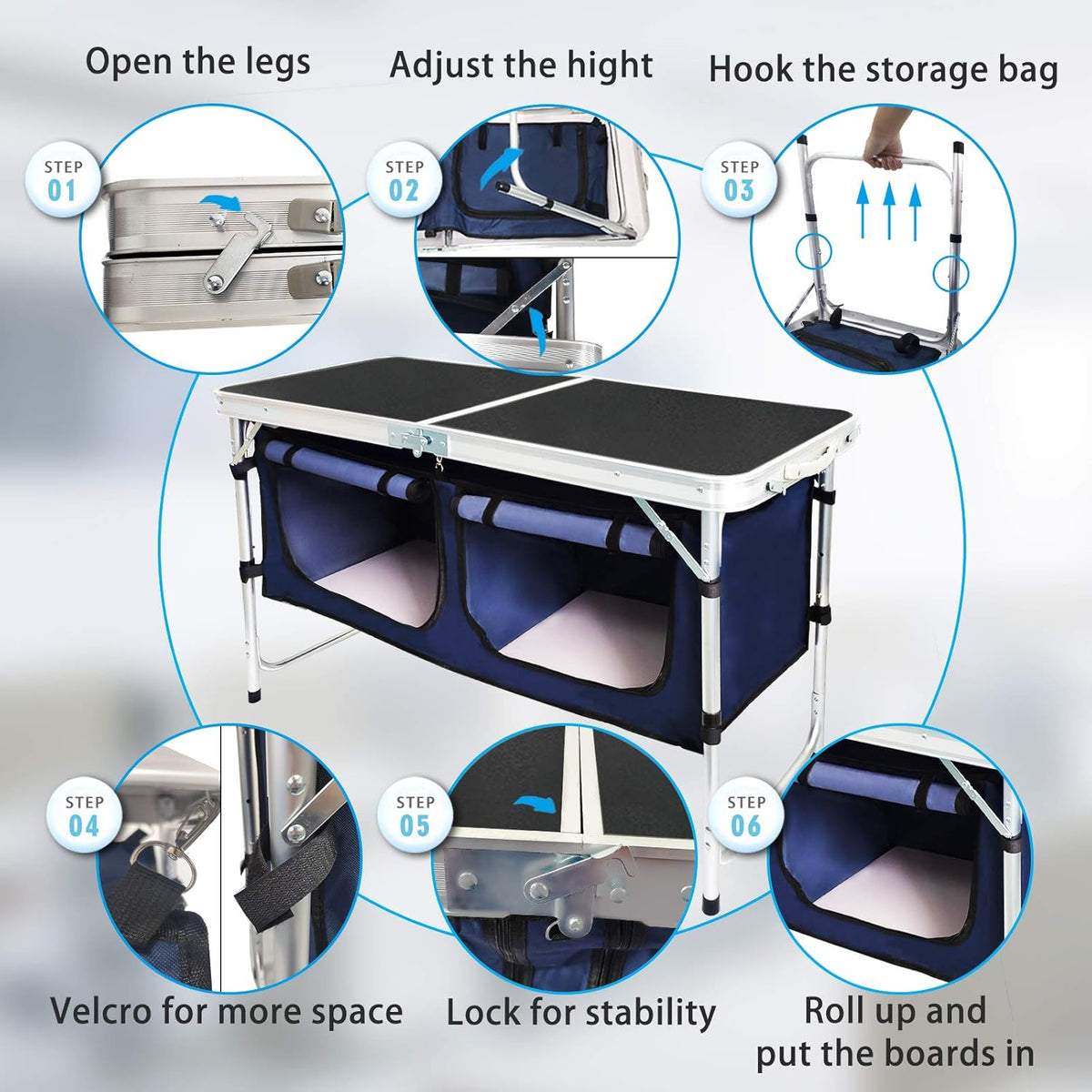 Folding Camp Table with Storage Organizer, Aluminum Adjustable (Black) T6379
