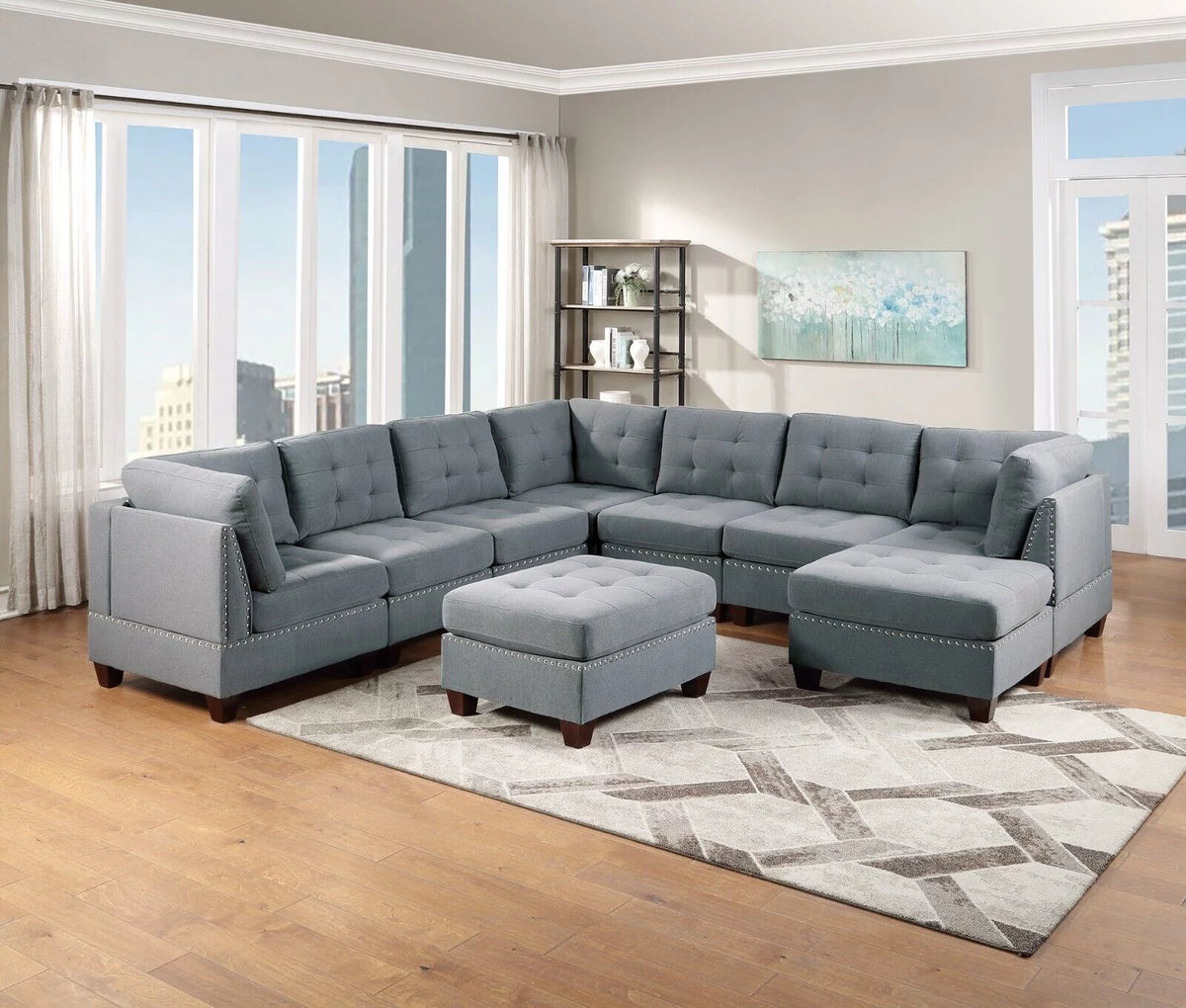 Gray Fabric Sectional Sofa Set 9pcs U57926