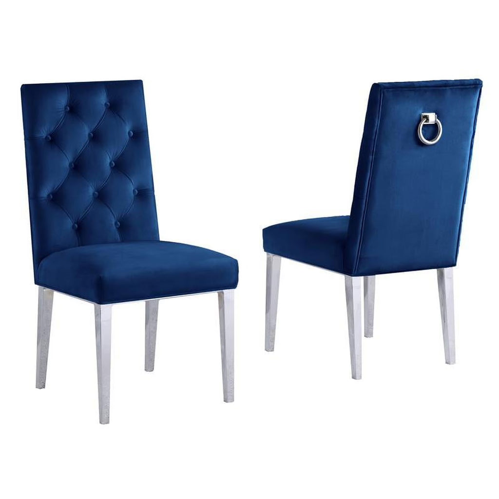 Navy Blue Velvet Tufted Side Chairs with Silver Chrome Legs Set of 2 Y473440