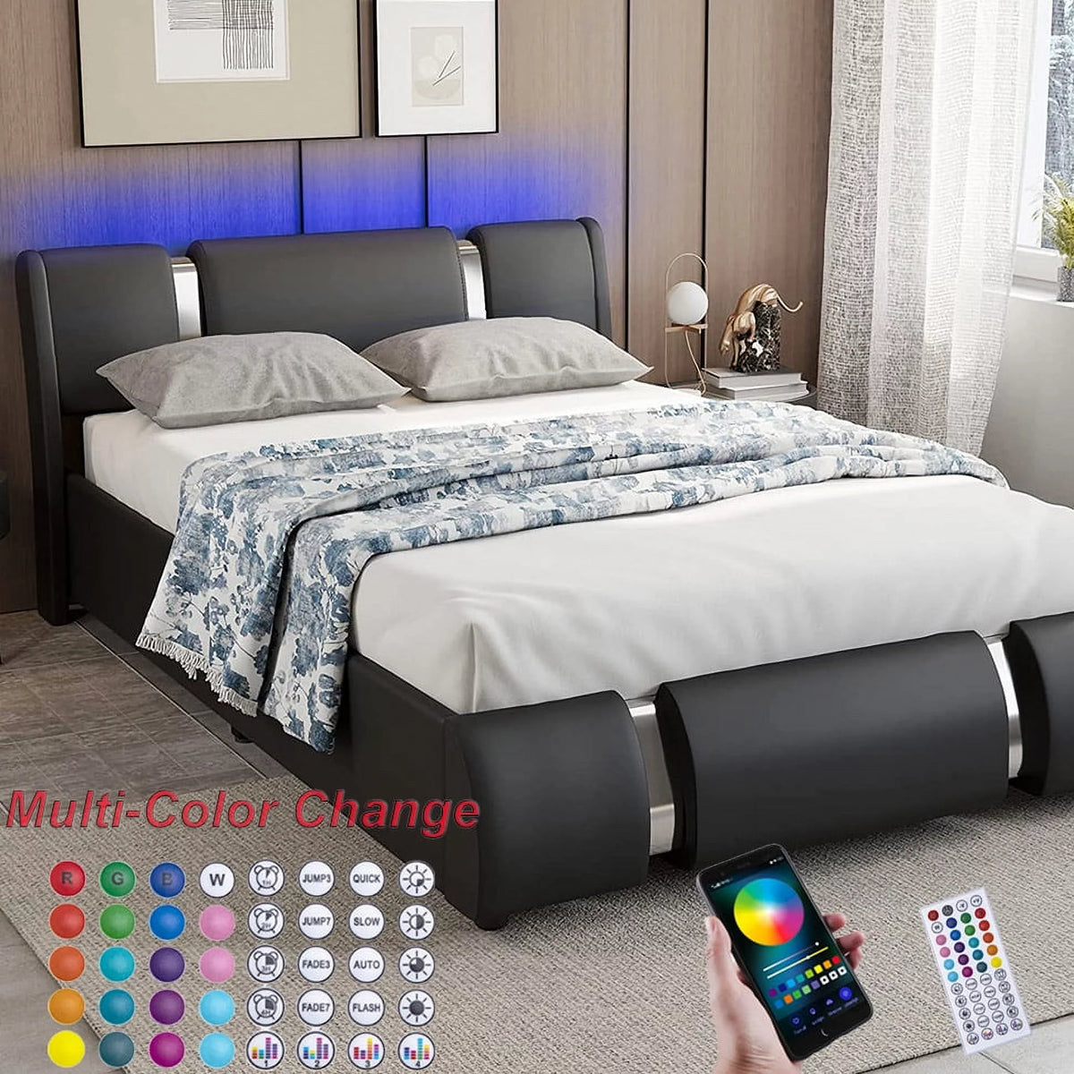 Faux Leather Full Size Platform Bed with LED Light and Adjustable Headboard C2865