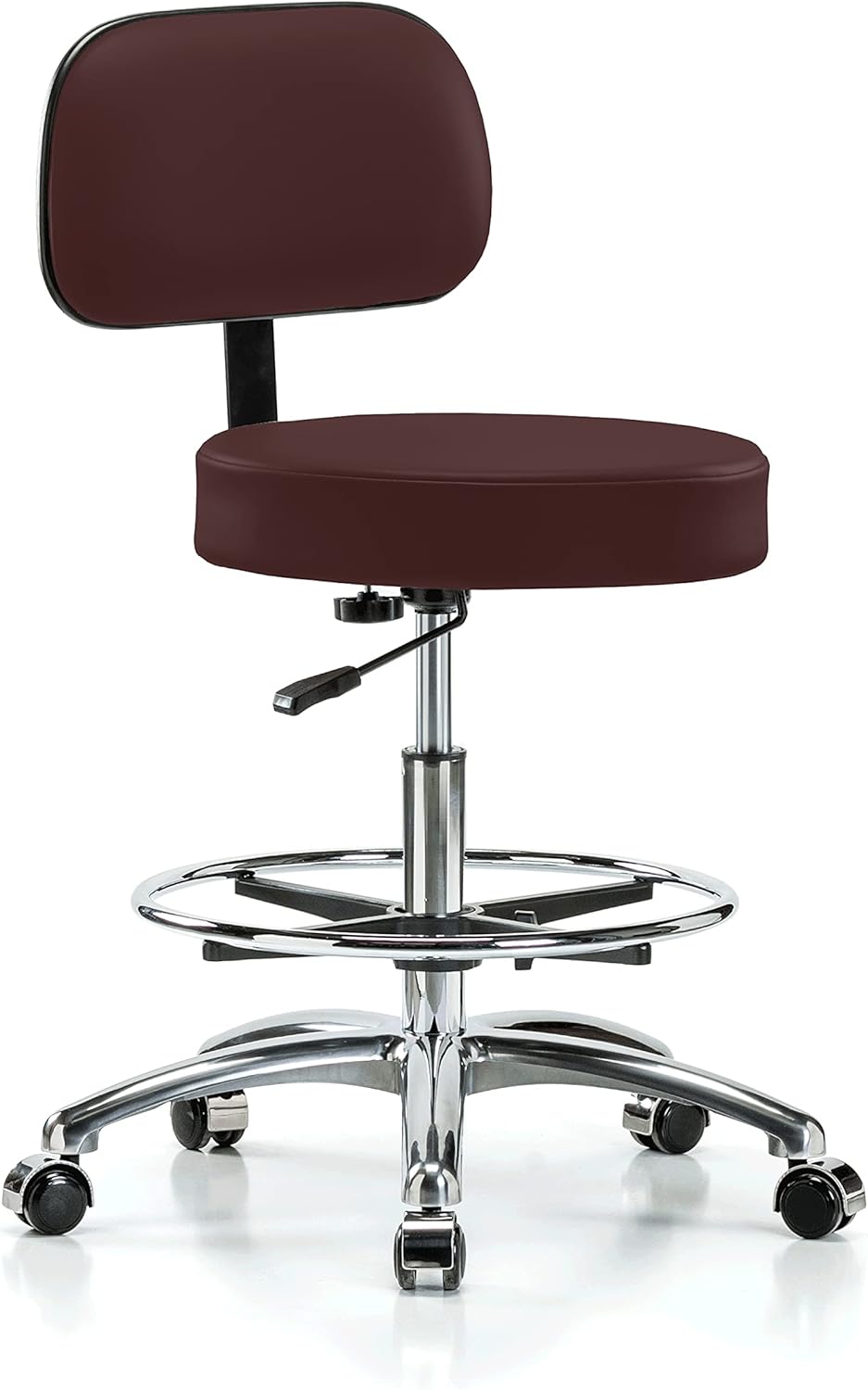 Chrome Rolling Height Adjustable Exam Stool with Back and Footring (Cinder Fabric) K365