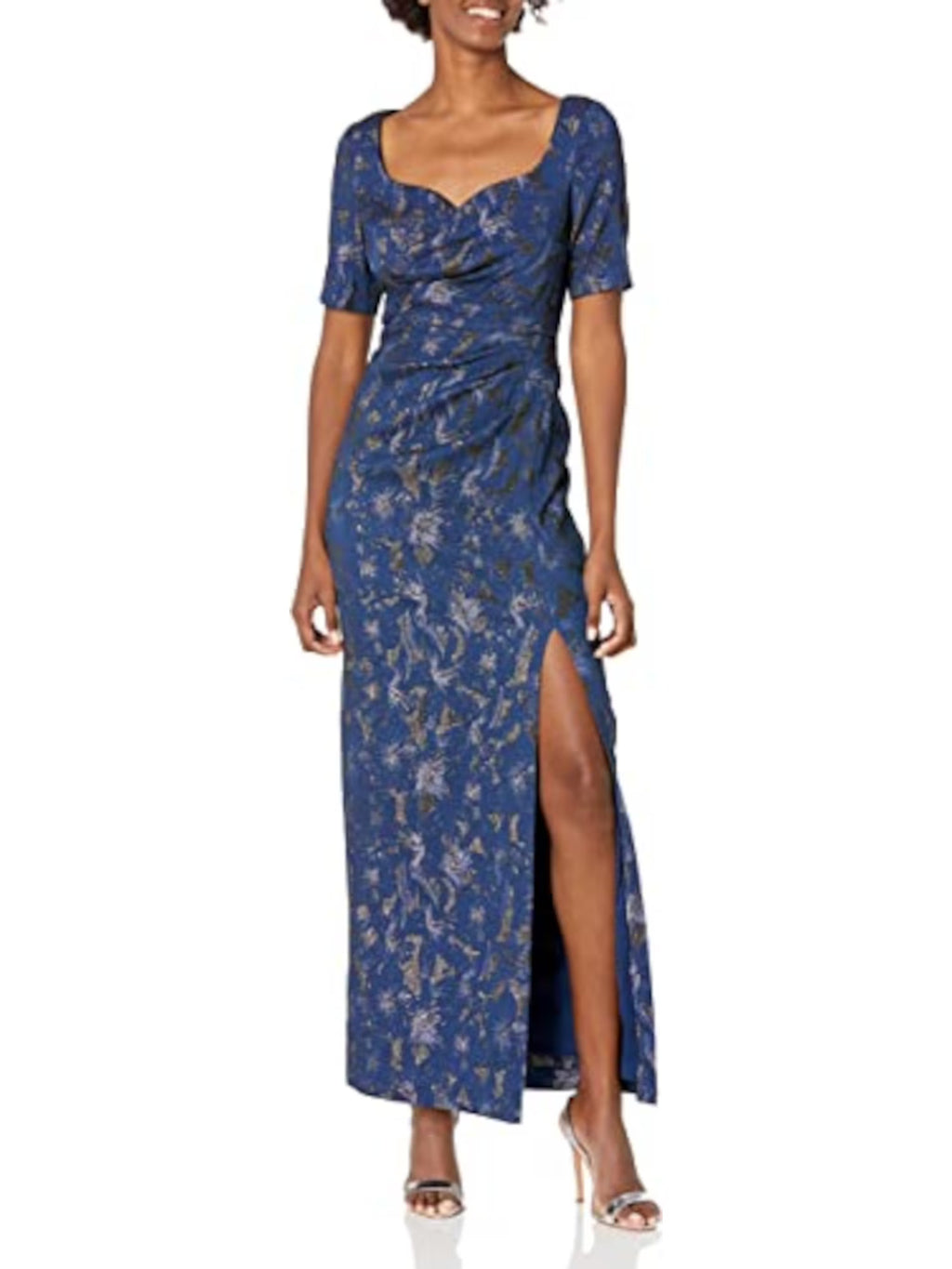 Navy Zippered Ruched Draped Thigh-high Slit Lined Short Sleeve Sweetheart Neckline Full-Length Evening Gown Dress R403