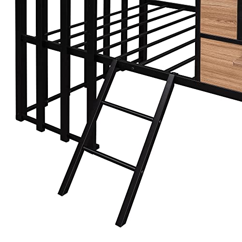 White Twin Size Metal Low Loft Bed Frame with Roof, Window, Guardrail and Ladder O61806