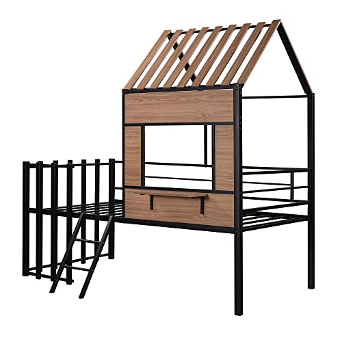 White Twin Size Metal Low Loft Bed Frame with Roof, Window, Guardrail and Ladder O61806