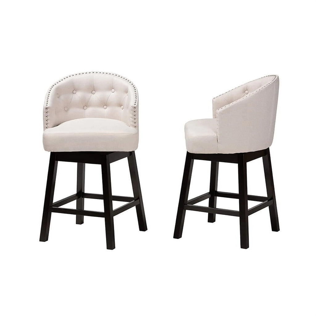 Light Beige Fabric and Espresso Brown Finished Wood 2-Piece Swivel Counter Chair V693961