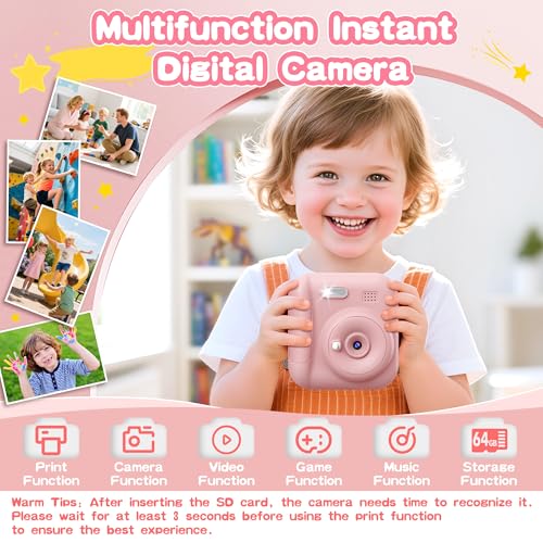 Instant Print Kids Camera 64GB SD Card Pink K363