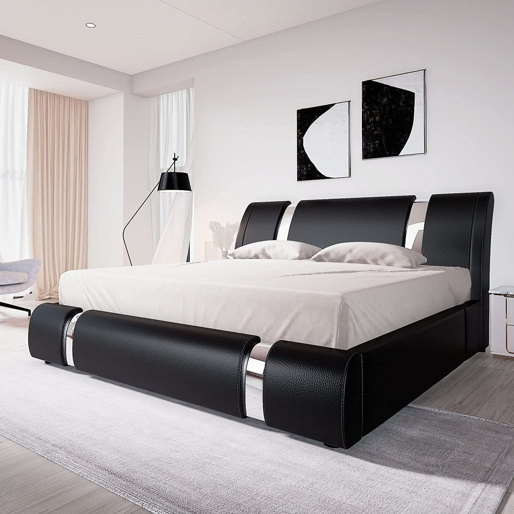 Faux Leather Full Size Platform Bed with LED Light and Adjustable Headboard C2865