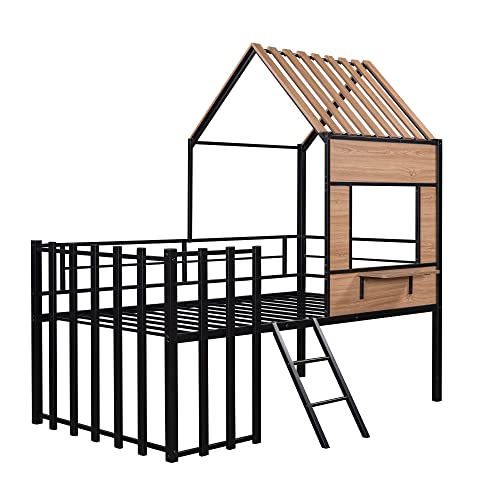 White Twin Size Metal Low Loft Bed Frame with Roof, Window, Guardrail and Ladder O61806