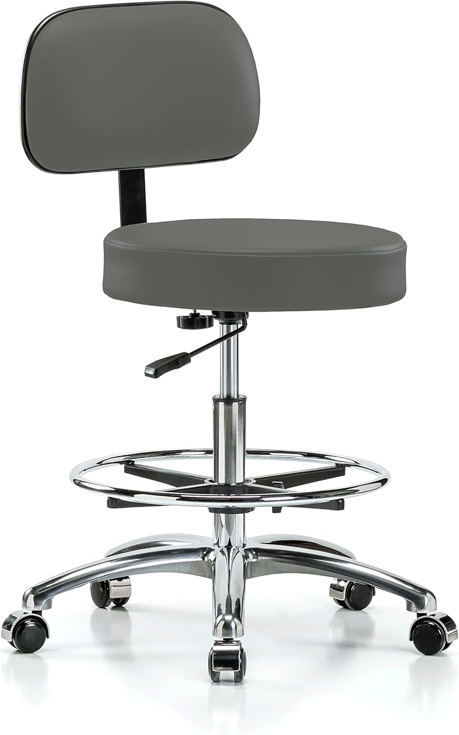 Chrome Rolling Height Adjustable Exam Stool with Back and Footring (Cinder Fabric) K365