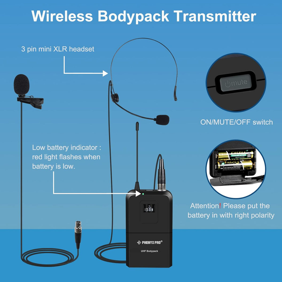 Dual Channel Wireless Microphone System with Handheld, Bodypack, Headset, Lapel M2905