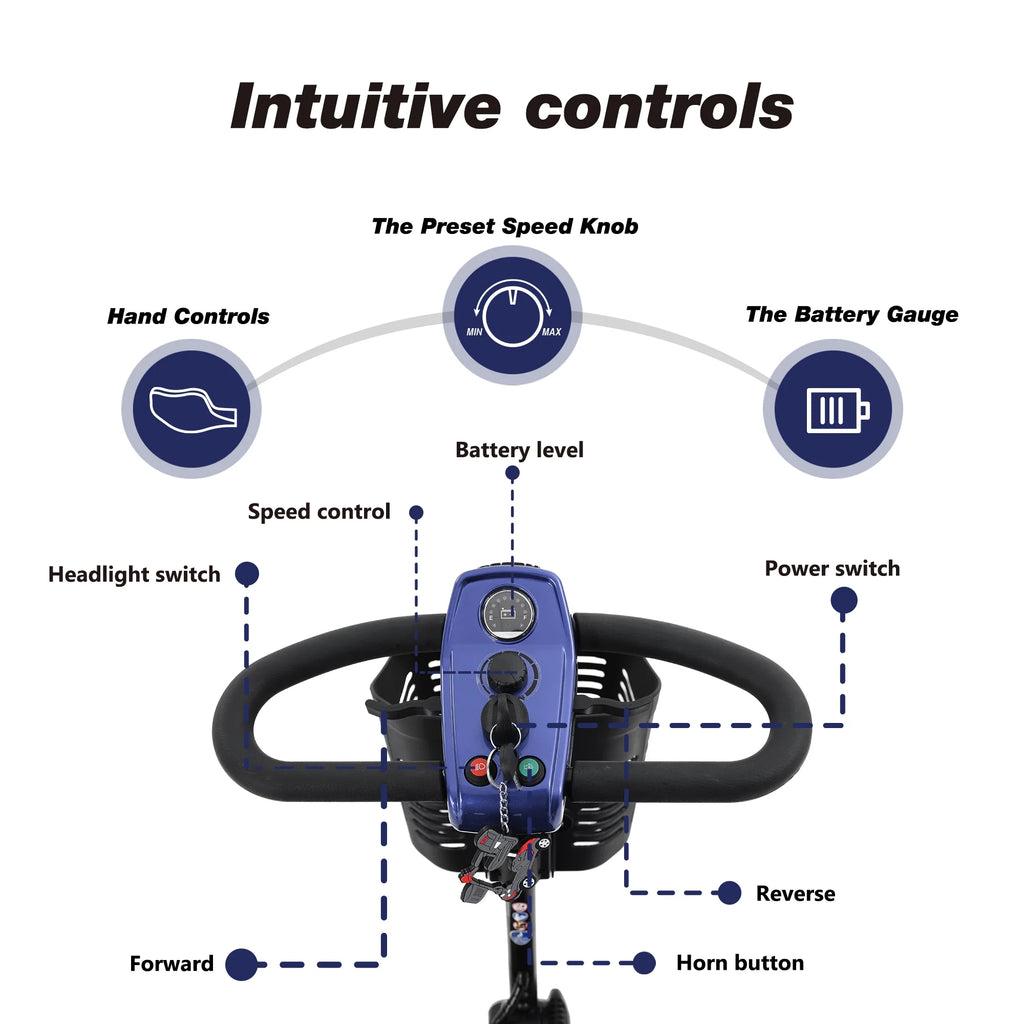 Blue 4 Wheel Mobility Scooter with Phone Holder and Cup Holder E255627