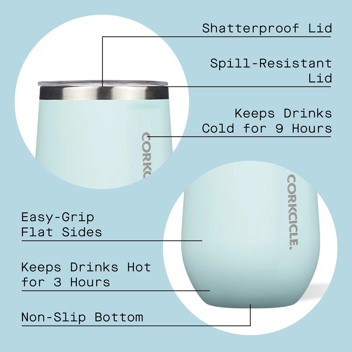 Gloss Powder Blue 12 oz Stainless Steel Stemless Wine Glass N38198