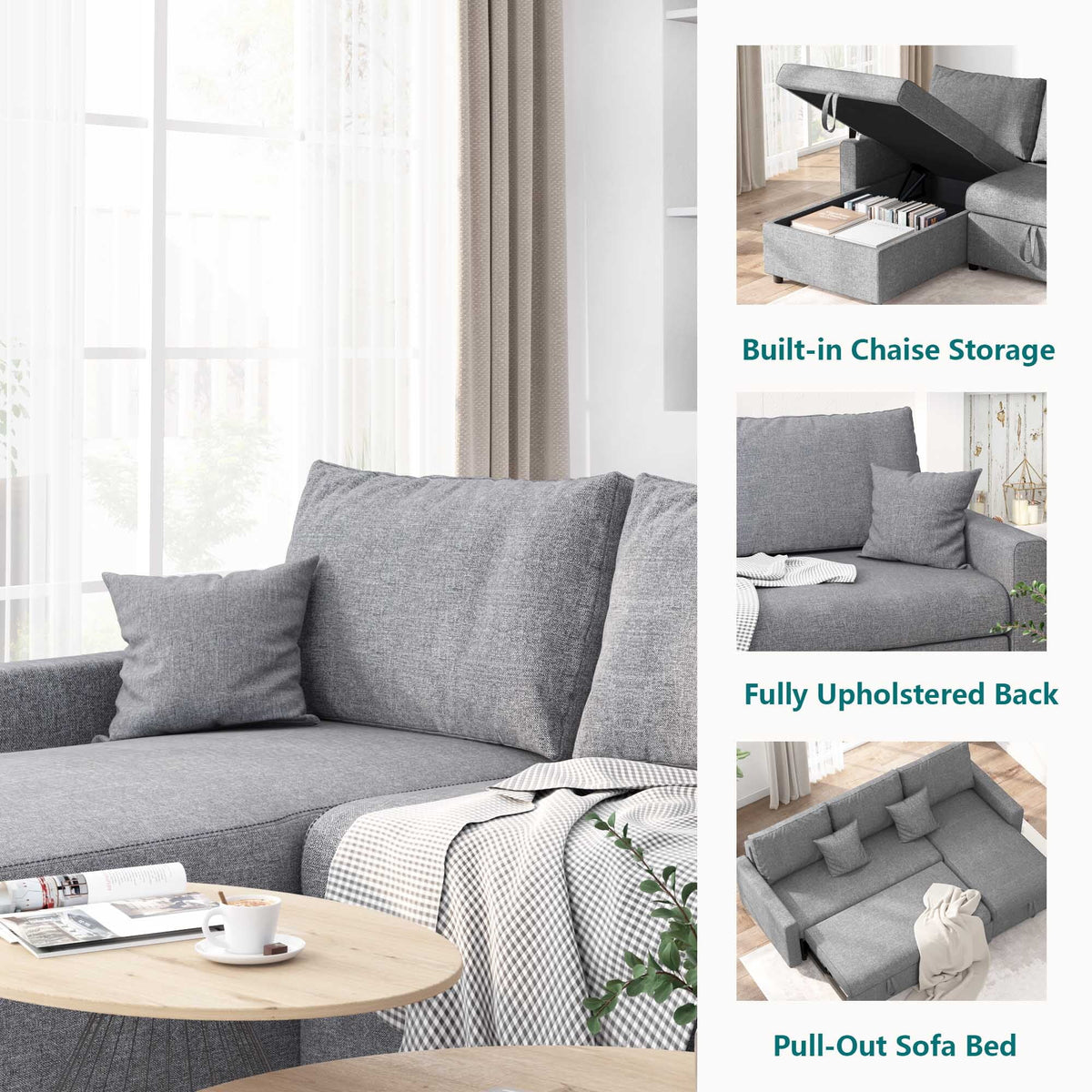 Dark Gray Linen Fabric L Shape Sofa Bed with Storage Chaise H3802