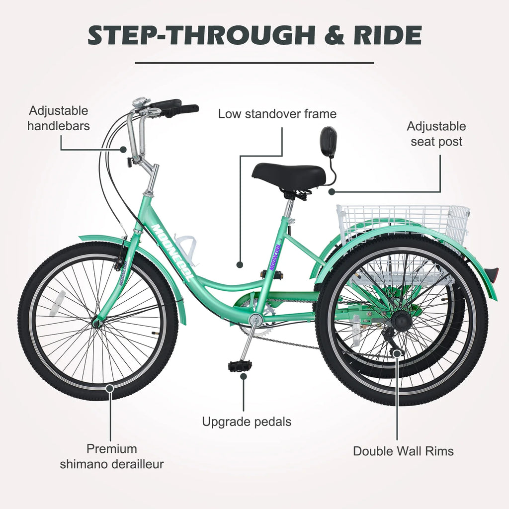 Tricycle 24" Wheels 7-Speed 3 Wheels Bike with Basket O784