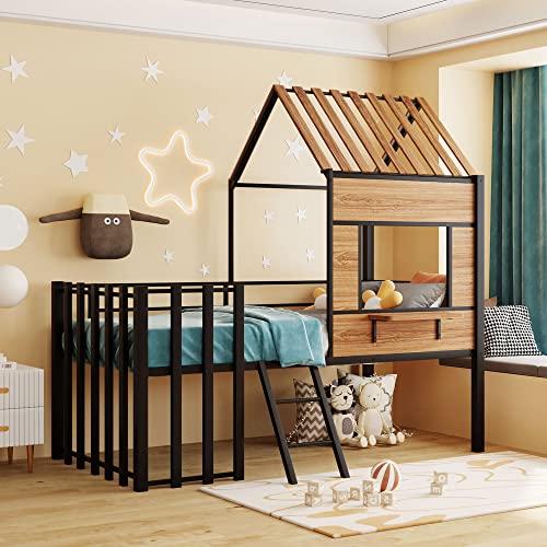 White Twin Size Metal Low Loft Bed Frame with Roof, Window, Guardrail and Ladder O61806