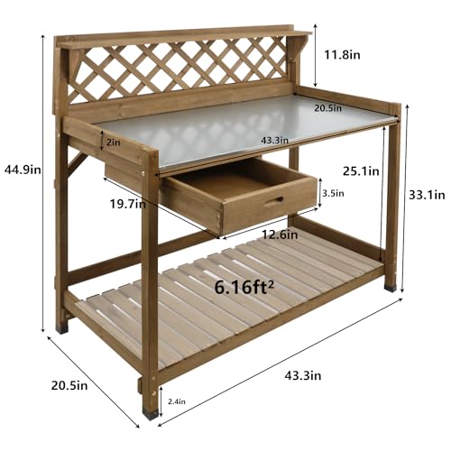 Wooden Potting Bench with Metal Table Top, Drawer and Shelf C412