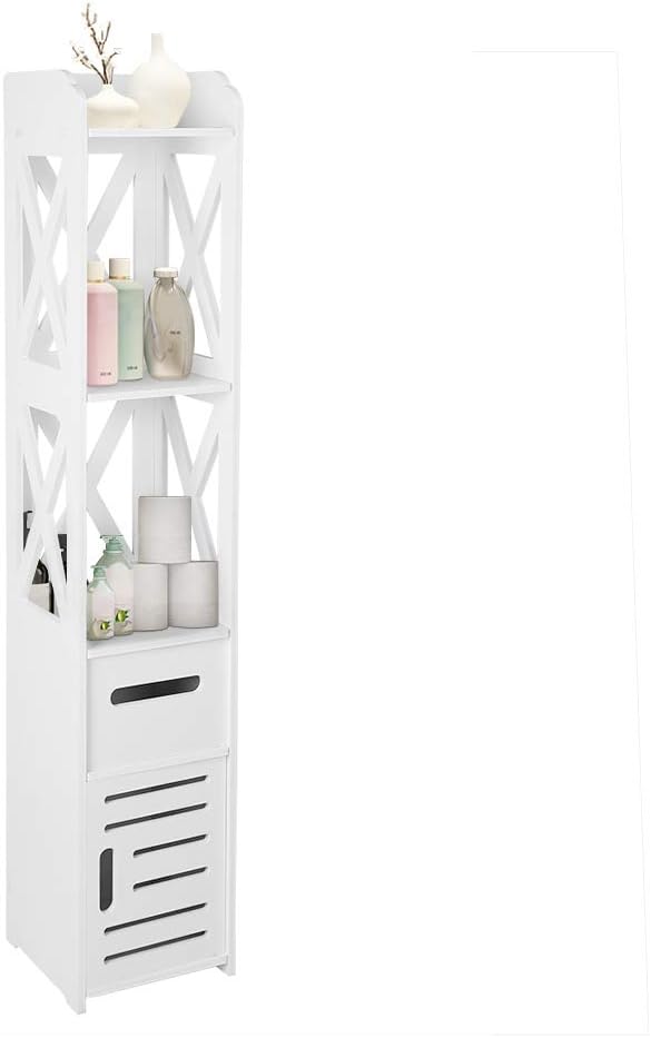 White Wooden Tall Narrow Corner Bathroom Storage Cabinet with Shutter Door and Open Shelf R50912