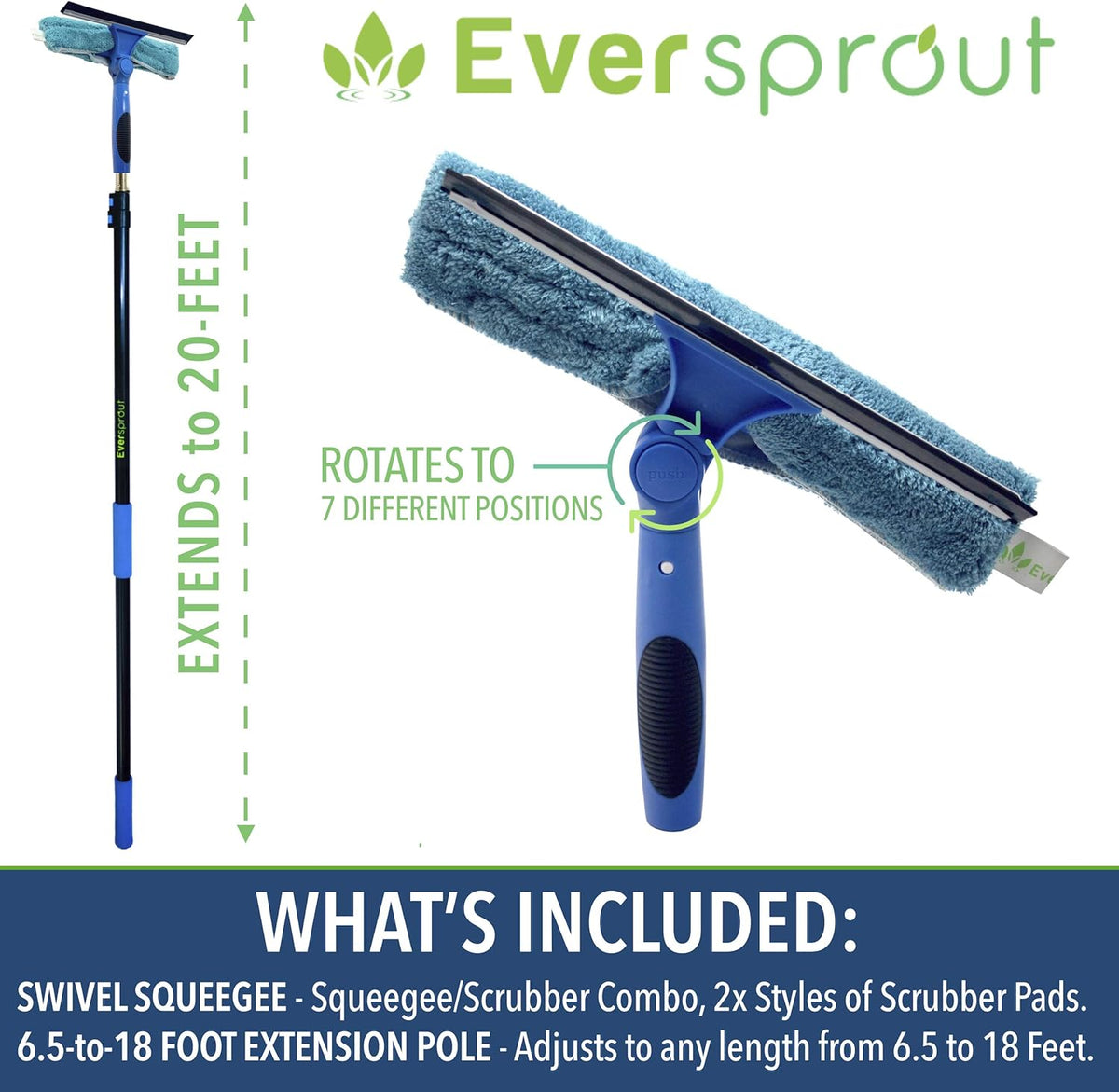 Swivel Squeegee and Microfiber Window Scrubber with Aluminum Extension Pole, 10-inch Blades Pack of 2 E4447