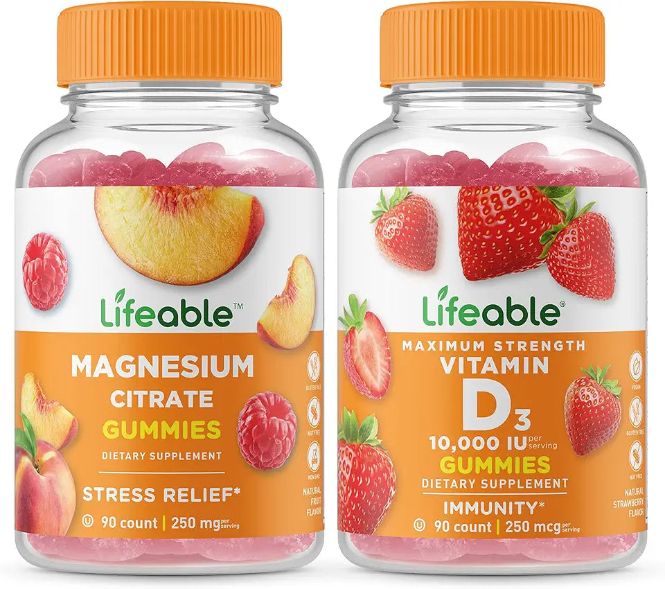 Magnesium 85mg Vitamin D 10000 IU Gummies Bundle Gluten Free GMO Free Chewable Gummy Vitamin Supplement Z3956