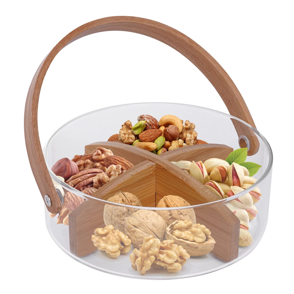 Clear Glass Fruit Serving Bowl with Wood Divider V56374