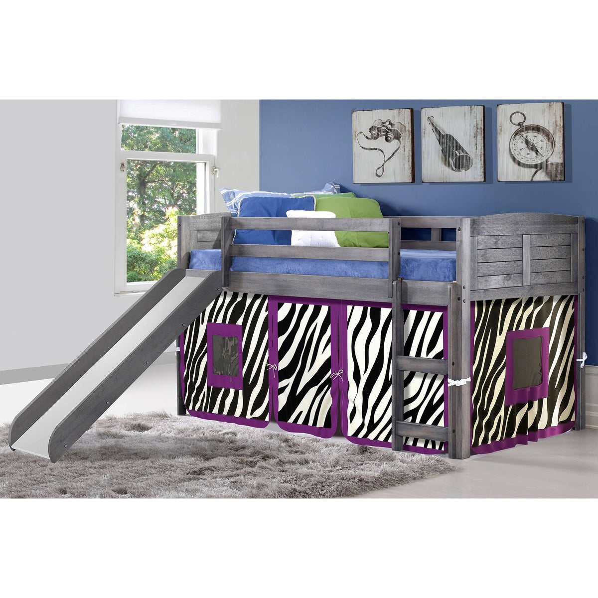 Twin Louver Low Loft with Slide and Zebra Tent Kit in Antique Grey Finish S294186