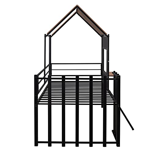 White Twin Size Metal Low Loft Bed Frame with Roof, Window, Guardrail and Ladder O61806