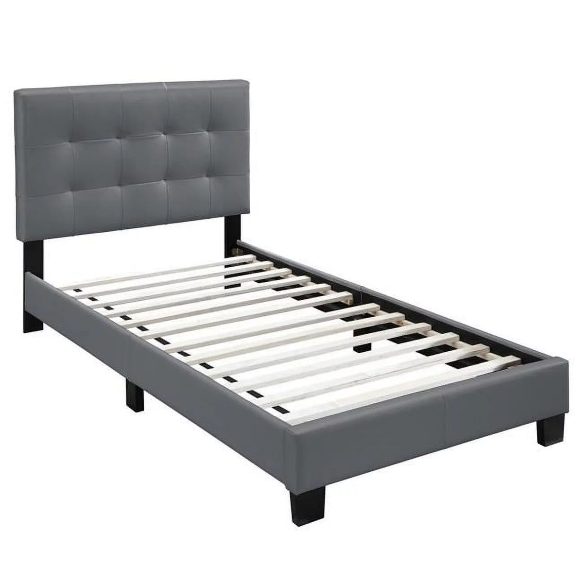 Twin Size Gray Leatherette Bed with Tufted Headboard R352430