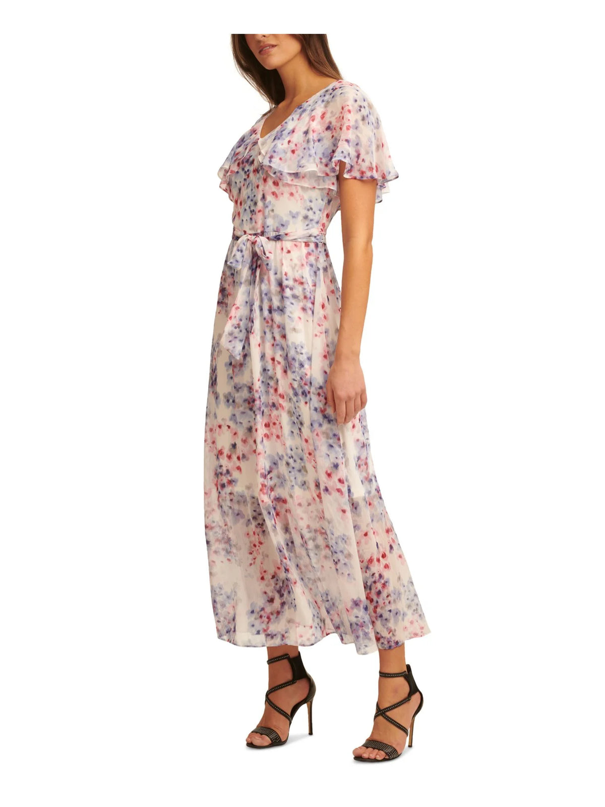 Ivory Floral Flutter Sleeve V Neck Maxi Dress T958736