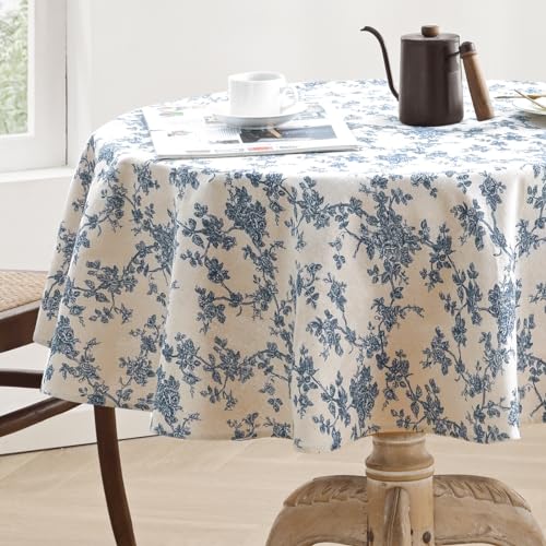 Blue Flower 55 Inch Round Cotton Linen Tablecloth A9410