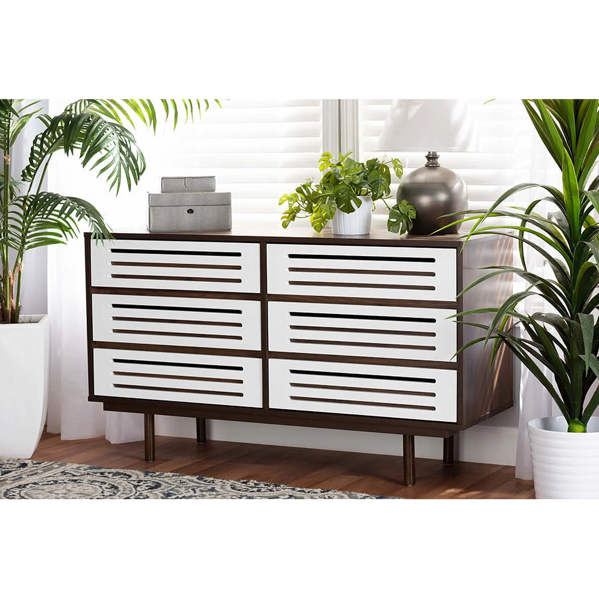 Walnut Brown and White 6-Drawer Wood Dresser V69668