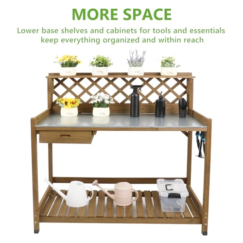 Wooden Potting Bench with Metal Table Top, Drawer and Shelf C412