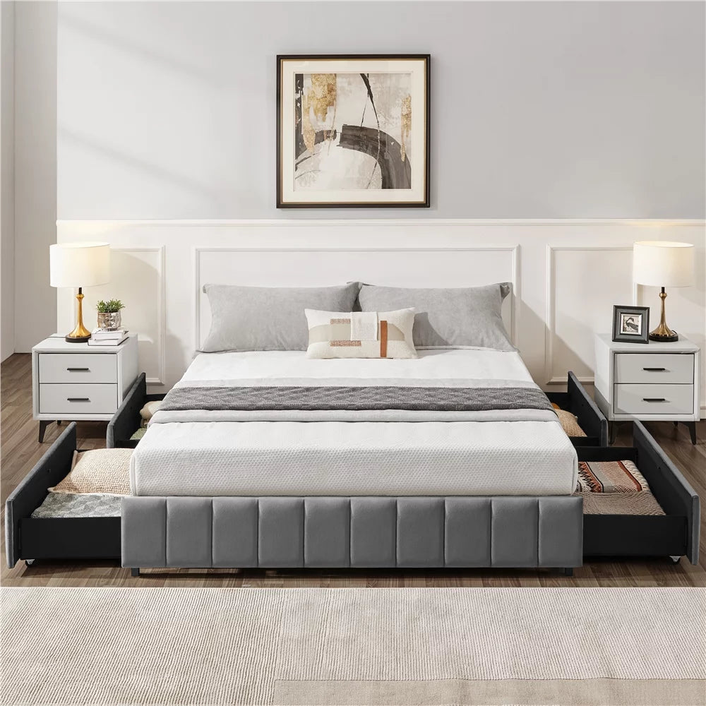 Queen Size Upholstered Storage Bed with 4 Drawers J1877