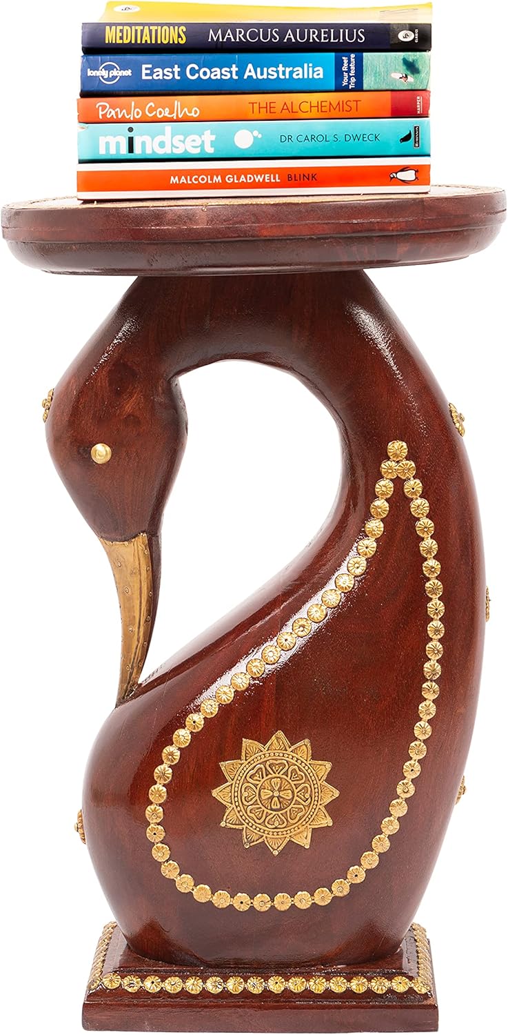 Hand Carved Wooden Elephant Side Table with Brass Accents Y5983