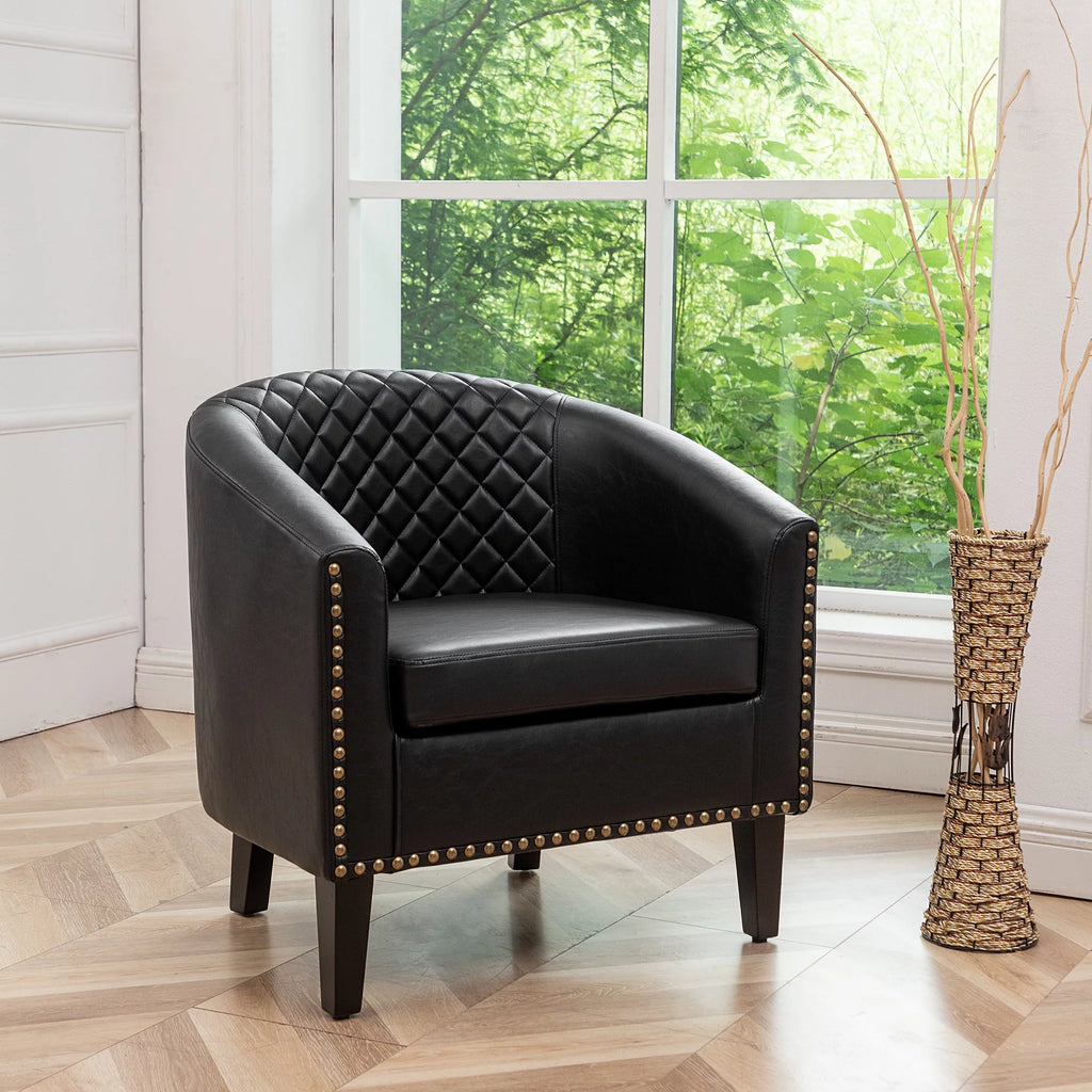 Mid Century Modern Tufted Faux Leather Barrel Armchair G403