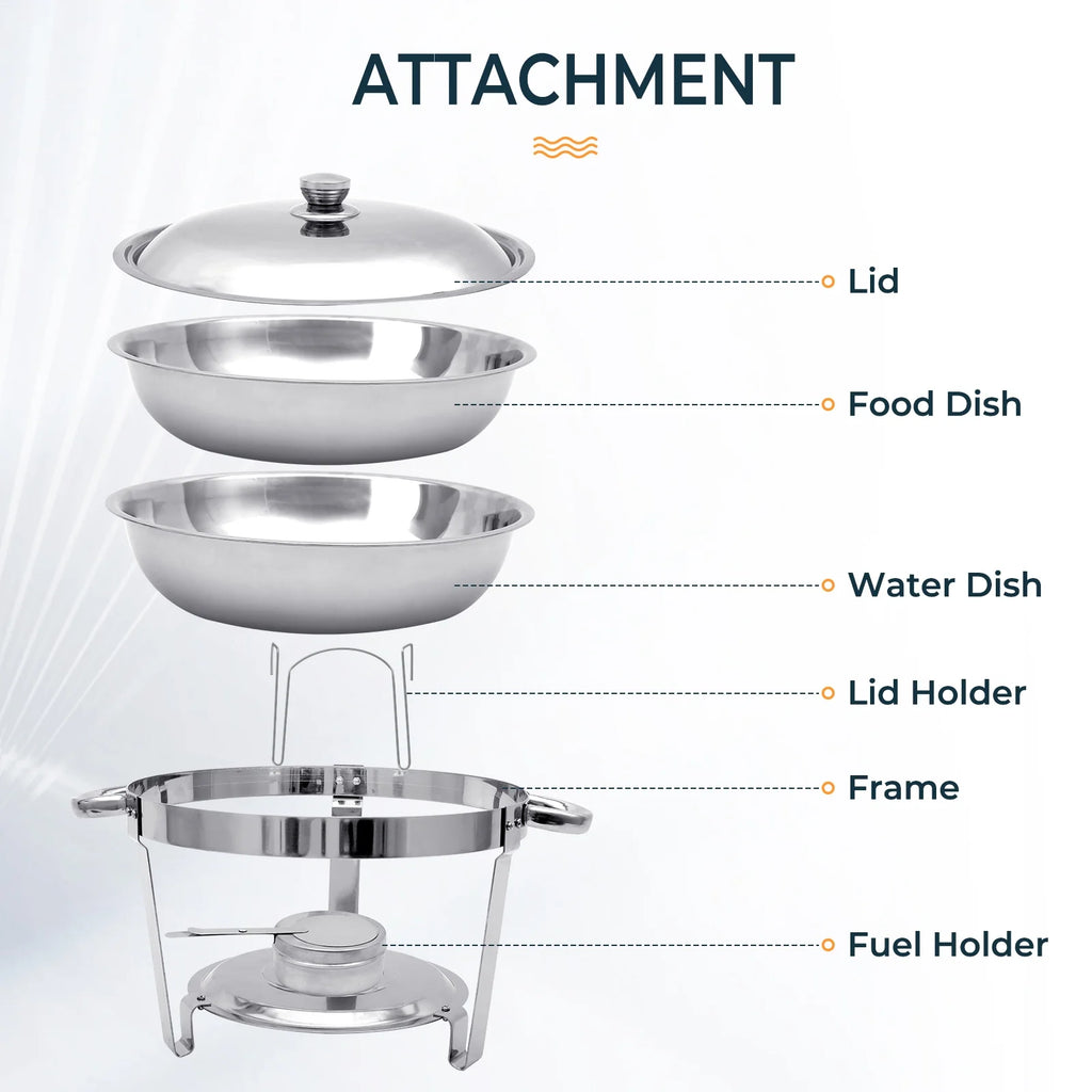6 Pack 5QT Round Stainless Steel Chafing Dish Buffet Set F98670