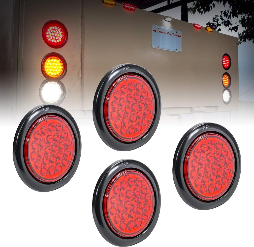 4pc 4" Round Red 24 LED Trailer Tail Lights IP67 Waterproof O619044