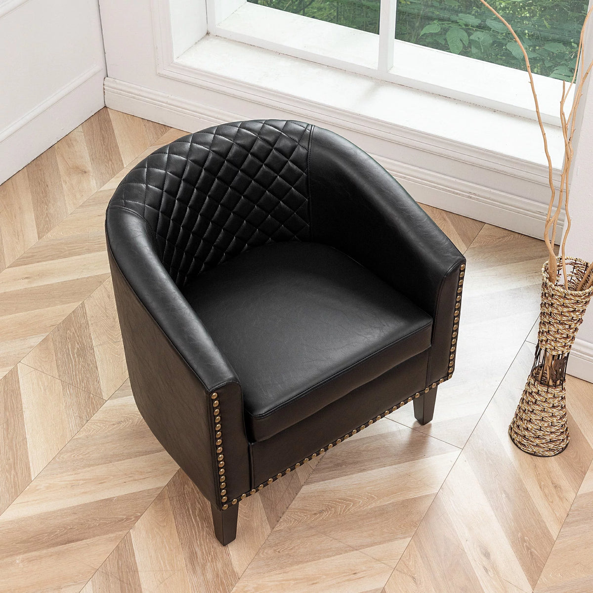 Mid Century Modern Tufted Faux Leather Barrel Armchair G403