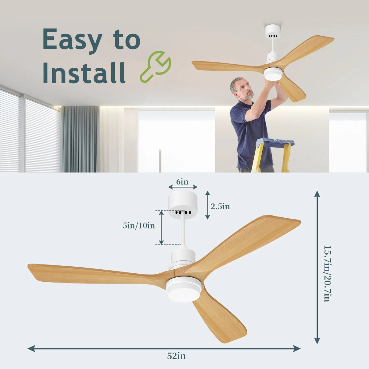 52'' White Ceiling Fan with Light and Remote Control Z6197