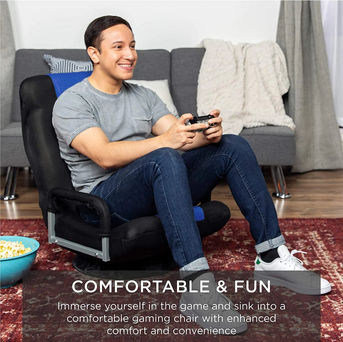Swivel Gaming Chair with Lumbar Support, Armrest Handles, Adjustable Foldable Backrest - Black/Blue S89765