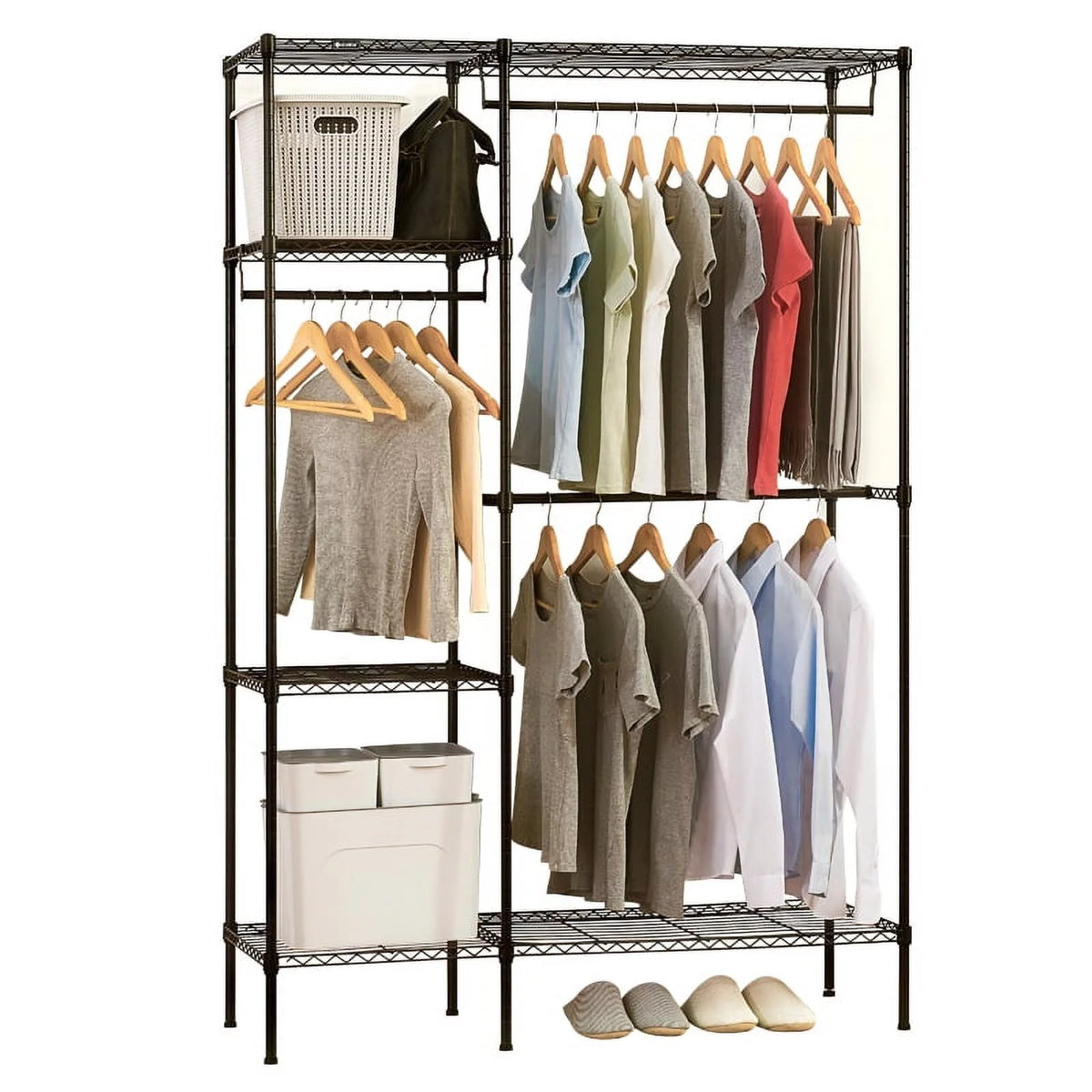 Portable Heavy Duty Clothing Storage Rack with 4 Shelves & 3 Hanging Rails Black V422346