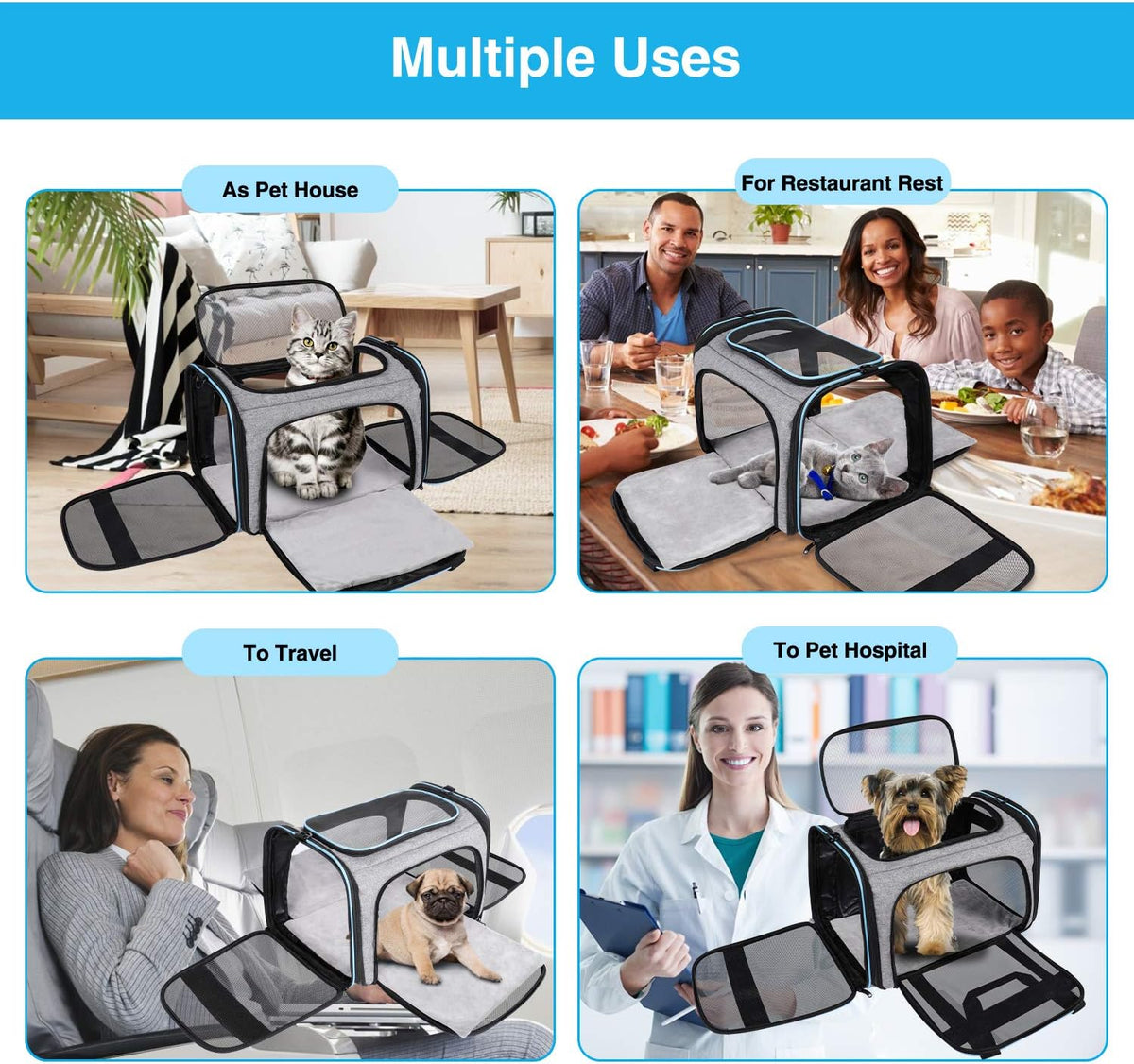 Large Soft-Sided Collapsible Pet Travel Carrier with 5 Doors G657