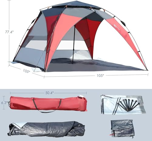 Red/Grey 2-4 Person UPF50+ Beach Tent with Carry Bag E112450